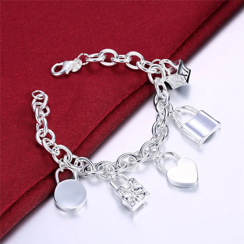 925 Sterling Bracelet Heart  Circle  Square Lock