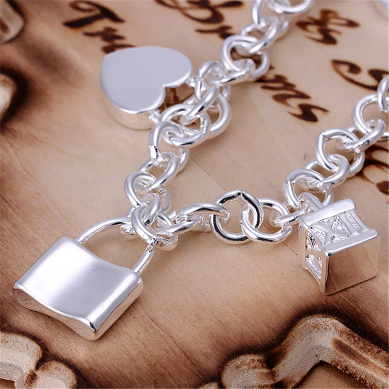 925 Sterling Bracelet Heart  Circle  Square Lock