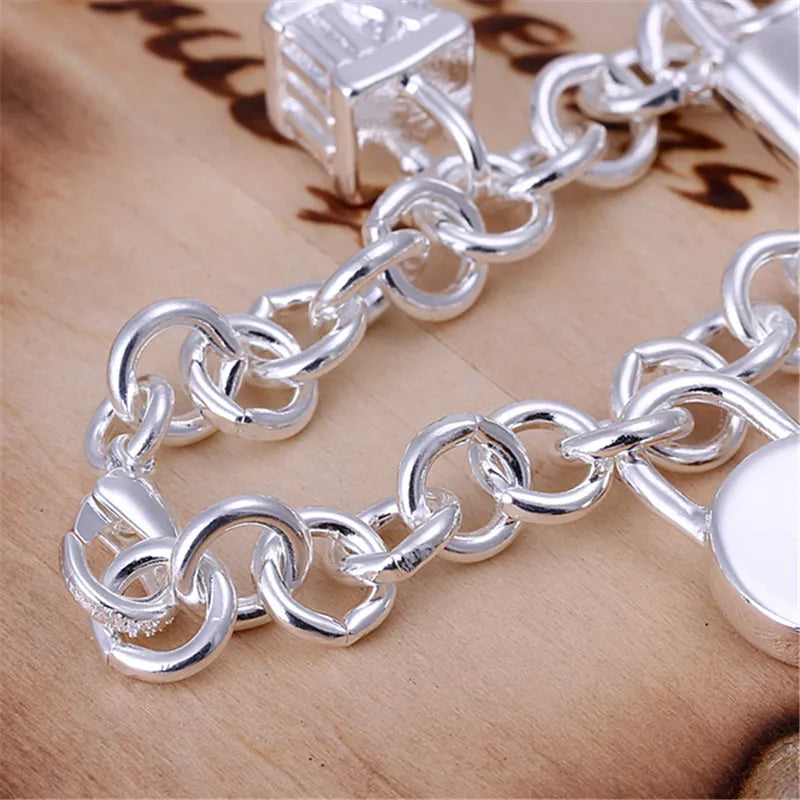 925 Sterling Bracelet Heart  Circle  Square Lock