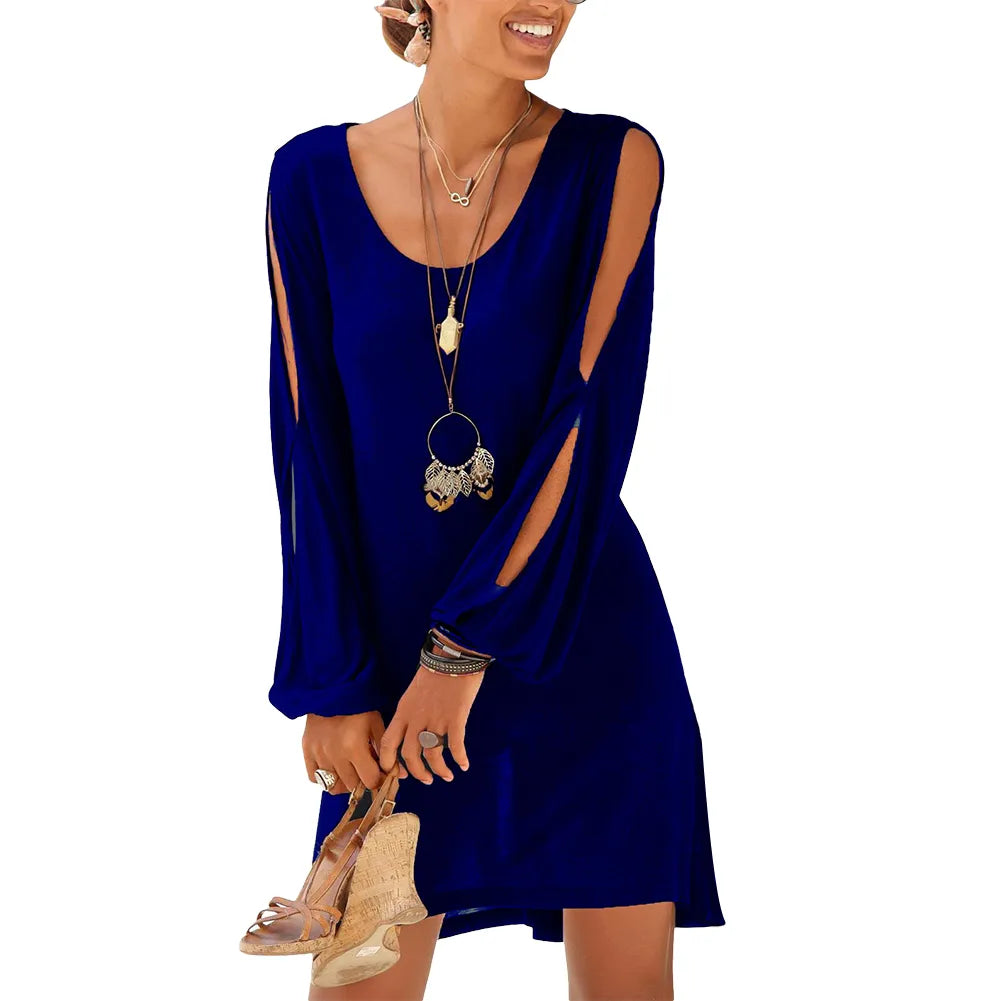 Shoulder Long Sleeve U-Neck Mini Dress