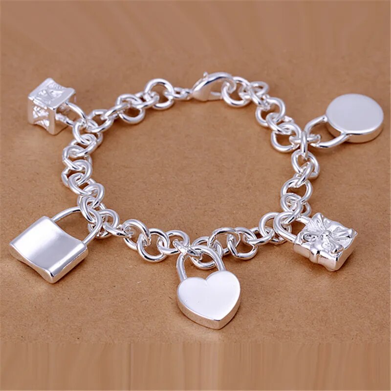 925 Sterling Bracelet Heart  Circle  Square Lock