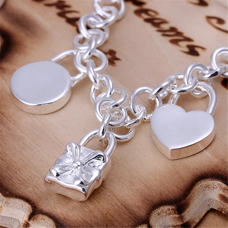 925 Sterling Bracelet Heart  Circle  Square Lock