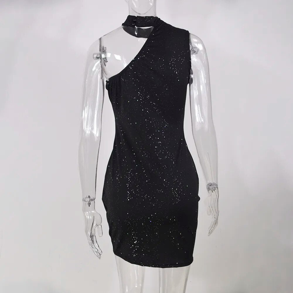 One Shoulder Hips Glitter Dress