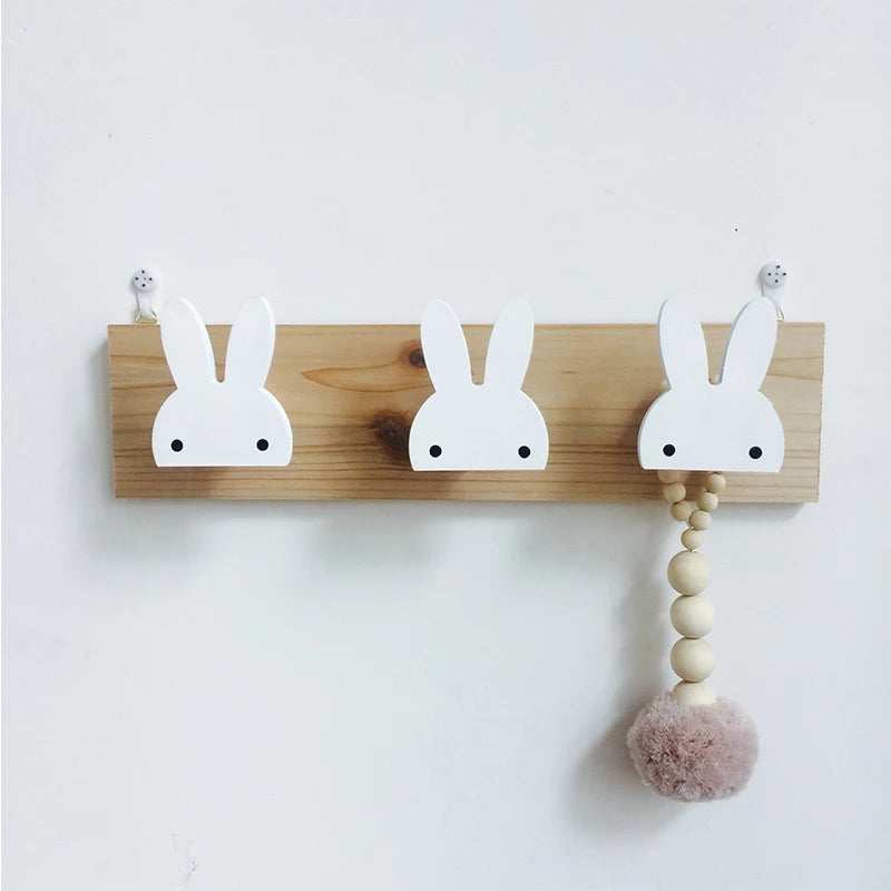 Kids Room Decorative White Bunny Natural Wood Hooks