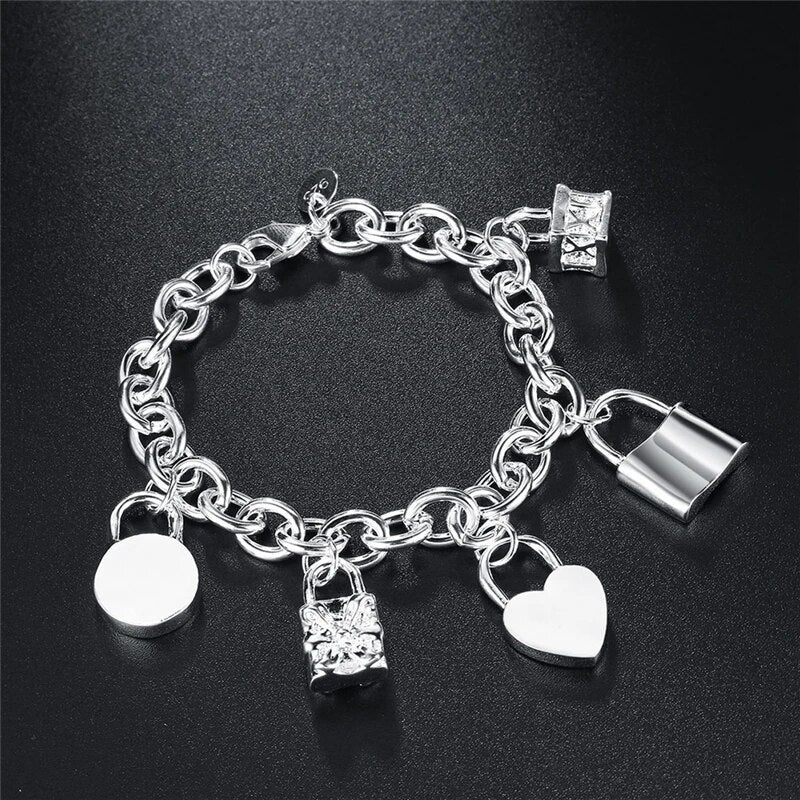 925 Sterling Bracelet Heart  Circle  Square Lock