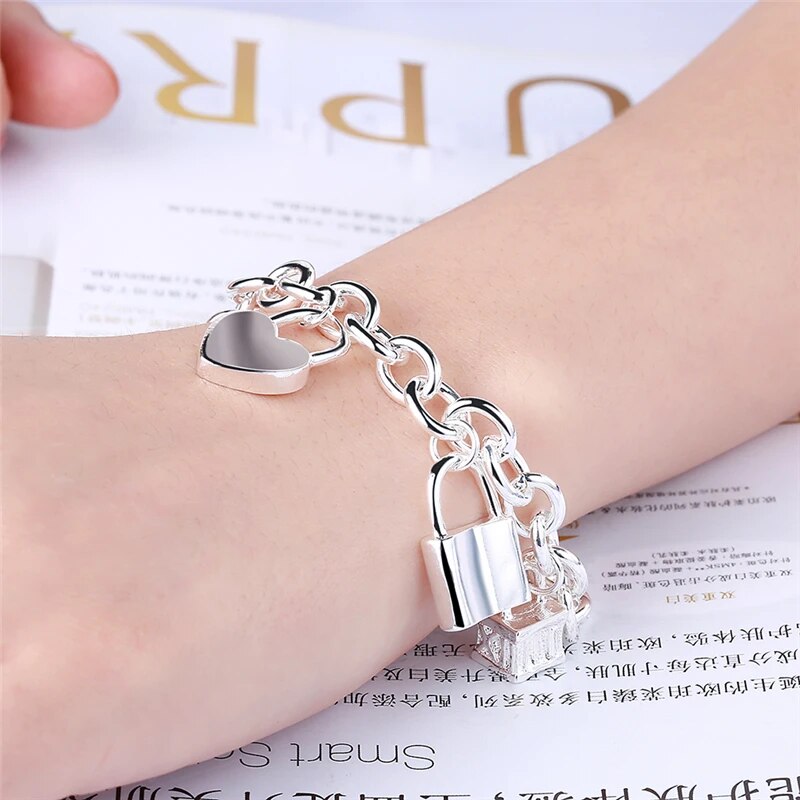 925 Sterling Bracelet Heart  Circle  Square Lock