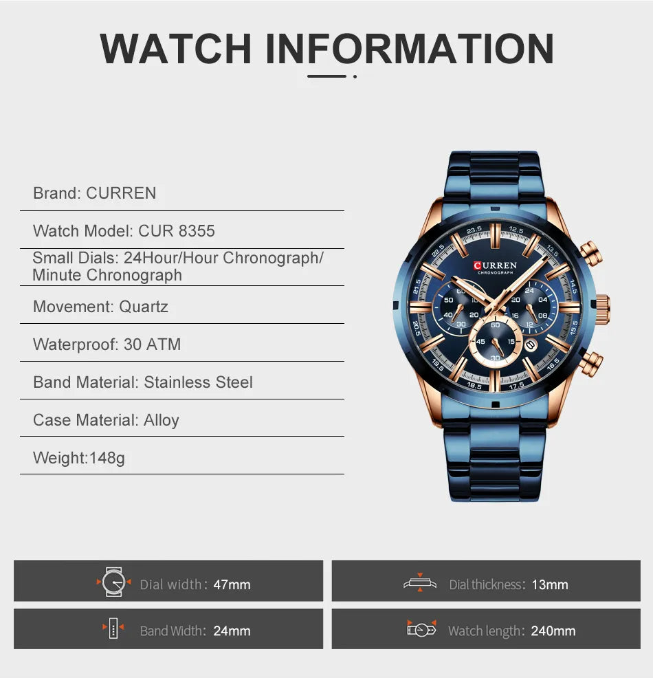 Full Steel Waterproof Luxury Sports Watch