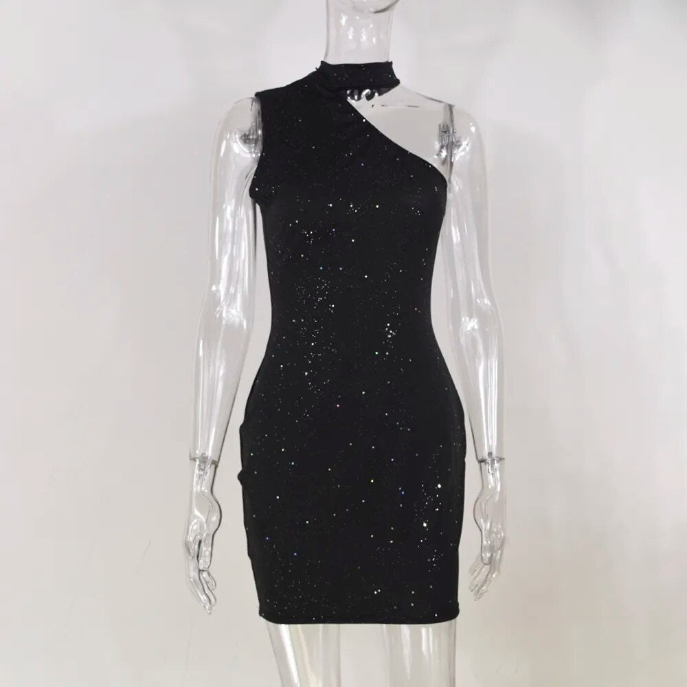 One Shoulder Hips Glitter Dress