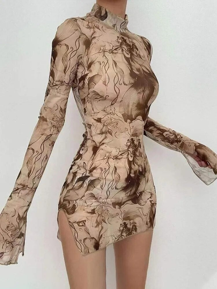 High Neck Buttock Printed Sexy Mini Dress