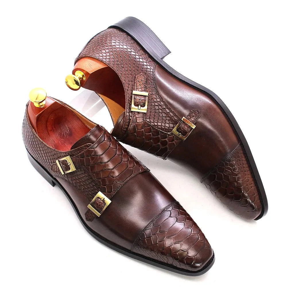 Leather Double Buckle Monk Strap Shoes