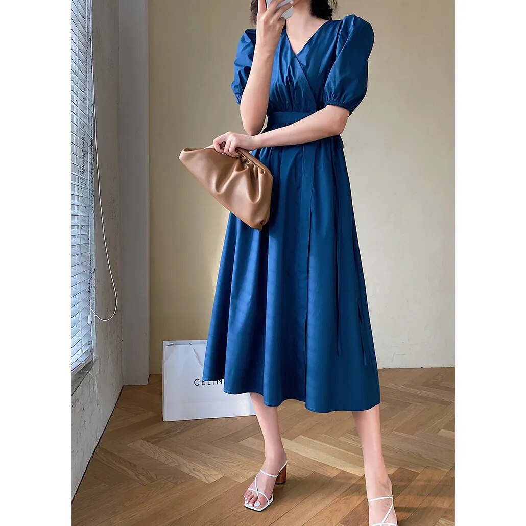 Puff Sleeves Lace Up V-neck Vintage Dress