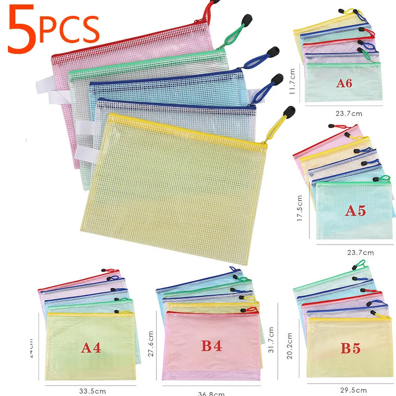 5PCS Stationery Storage Folder File Mesh Zipper Pouch