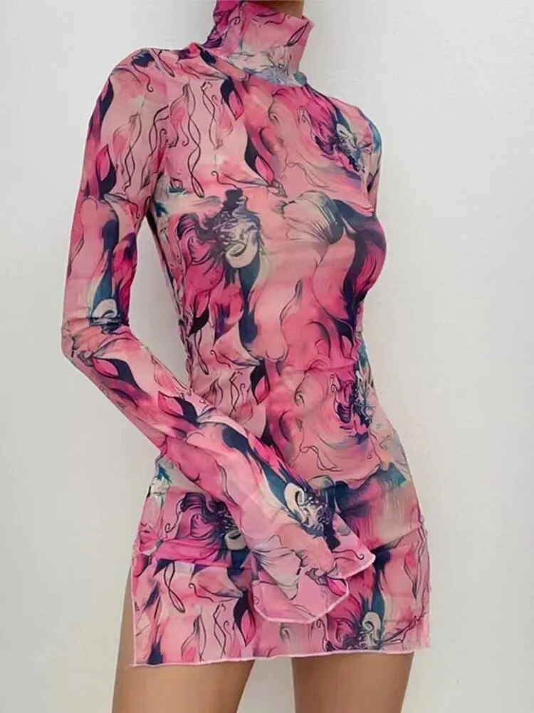 High Neck Buttock Printed Sexy Mini Dress