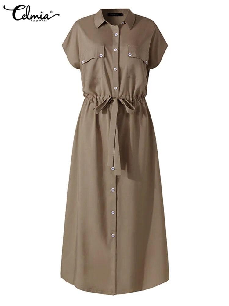 Women Short Sleeve Casual Buttons Midi Dress