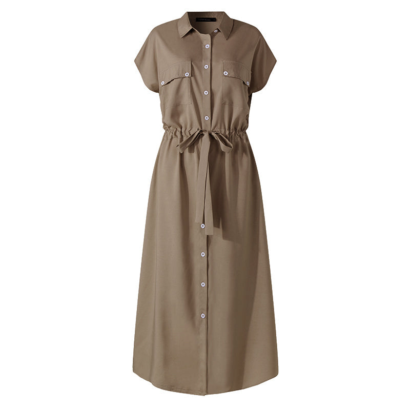 Women Short Sleeve Casual Buttons Midi Dress